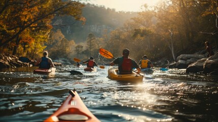 A group of individuals in kayaks paddling down a river, enjoying the outdoors and the physical activity.