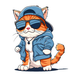 Cute Cool Cartoon Orange and White Cat in blue shirt wearing necklace backward baseball cap and shades, sunglasses no background isolated
