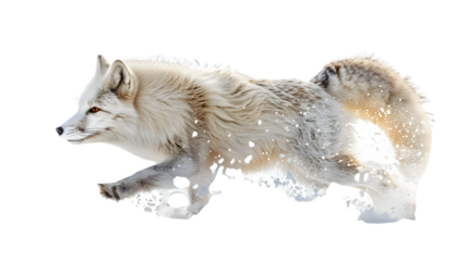 White fox running in snow isolated on a transparent background, PNG, Ai