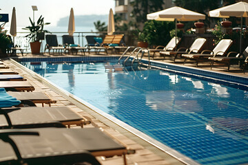 Swimming pool and sun loungers at stylish tropical spa hotel, summertime banner mockup. Summer travel sales and vacation concept.