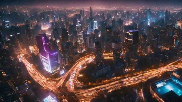 A bustling futuristic city at night, illuminated by dazzling lights and neon signs.