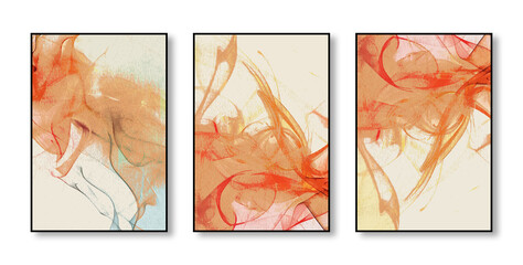 Abstract art watercolor painting, stylish modern wall art, flowers, texture, gold, triptych - obrazy, fototapety, plakaty