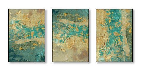 Abstract art watercolor painting, stylish modern wall art, flowers, texture, gold, triptych