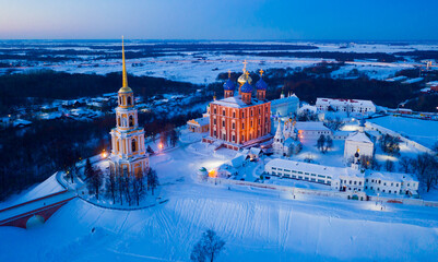 Winter aerial view of architectural ensemble of ancient Kremlin in Ryazan in the evening, Ryazan...
