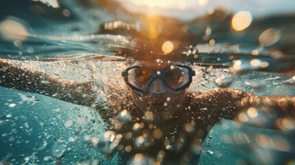 A person wearing goggles swims in the water, exploring the depths beneath the surface.