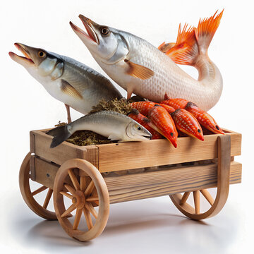 recommend clip art: Wooden cart with fish and crayfish