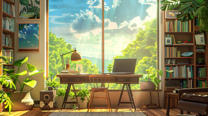 Lofi living room with laptop and study table 