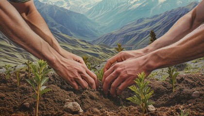 Nature's Rebirth: Restoration Program Vision 🌿👫 Two People Planting Trees in Wilderness