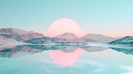 A tranquil teal lake nestled amidst rolling hills within the light pink circle, its glassy surface reflecting the clear blue sky above.
 - Powered by Adobe