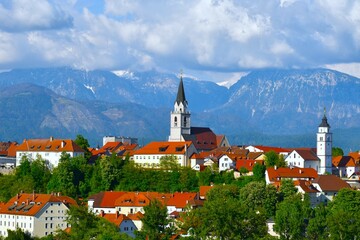 View of the town of Kranj with clouds covered mountain peak behind in Gorenjska, Slovenia