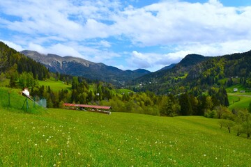 View valley in Karavanke mountains with the peak of Golica and Planina pod Golico in Gorenjska, Slovenia