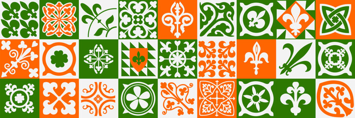 Collection of 27 ceramic tiles in Celtic tribal style. Bright square floor tiles with Irish motifs and knots. Seamless colorful patchwork with bright tiles. Ethnic folk ornament on the wall tile.