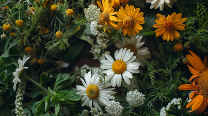 Illustration of medicinal herbs and plants, chamomile and calendula