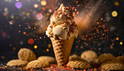 Illustration of delicious homemade vanilla ice cream topped with sprinkles and biscuits on a waffle cone. Generative ai.