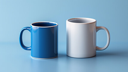 White and blue mugs on blue studio background. 3d rendering. minimal concept.