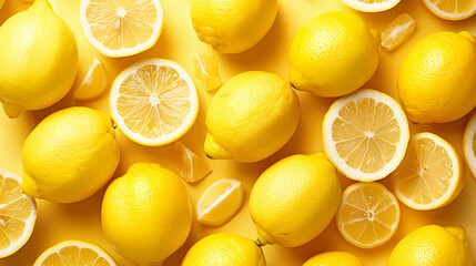 Fresh Lemons and Slices on Yellow Background