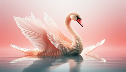 A delicately folded origami swan, created from a single sheet of pale pink paper 