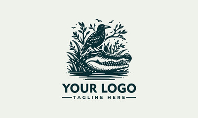 bird perched on the head of a crocodile vector logo which is partially emerging from the water amidst the swamp's foliage