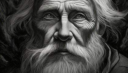 An intimate portrait of an elderly man with deep, thoughtful eyes, a weathered face 