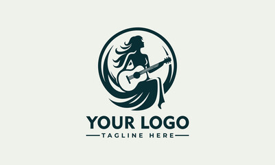 girl and guitar vector logo Silhouette of a woman with guitar in negative space logo vector