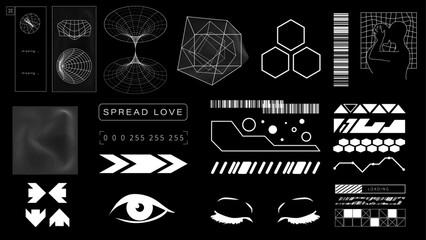 Cyberpunk SCIFI decals set. Set of futuristic vector stickers and labels. Motorsport and techno decals and symbols