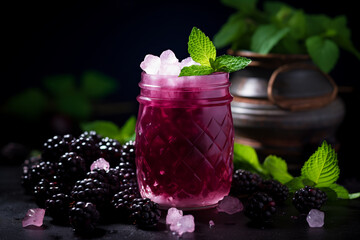 Fresh blackberry cocktail in a decorative glass jar, adorned with ice, mint leaves, and scattered blackberries on a dark backdrop.