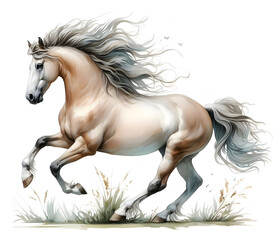 Naklejka premium Horse. Watercolor. A strong white stallion. The mane and tail develop beautifully. Banner. Isolated illustration on a white background. Close-up