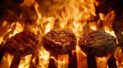 Top-down view of flaming grill with three juicy burger patties sizzling, bbq summer cookout concept