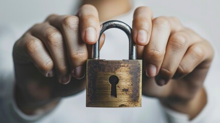 person holding a padlock closed with old lock on white background in high resolution and high quality. lock concept, keys