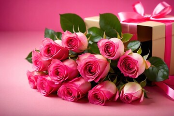 Romantic Pink bunch bouquet of roses flowers and gift box with ribbon wrapped gift