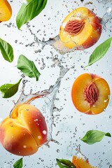 Vibrant Fresh Peaches with Splashing Water and Green Leaves on a Light Background
