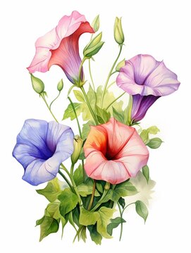 Watercolor morning glory clipart with trumpetshaped flowers in various colors, high detailed, clean sharp focus, unique hyper illustrations