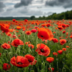 Golden Hour Splendor: Vibrant Red Poppy Field at Sunset. Generated by AI
