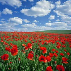 Fototapeta premium Sunset's Embrace: Radiant Red Poppy Field Glowing in Golden Light. Generated by AI