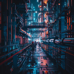 Futuristic Cyber Cityscape at Night with Travelers