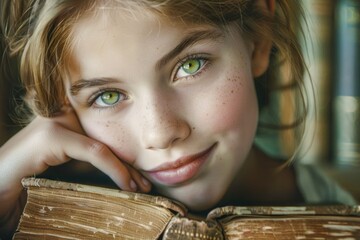 Tranquil young girl with captivating green eyes posing with an antique book, featuring soft, natural lighting and subtle freckles, conveying innocence and curiosity in a close-up portrait