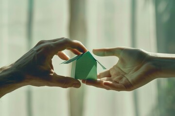 Man and woman's hands join to support a green paper house, symbolizing eco-friendly living, shared ownership, and sustainable housing in a gentle light-filled setting