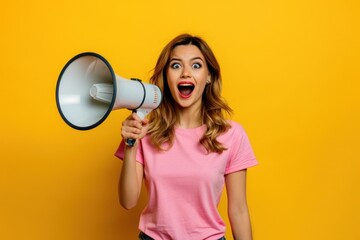 Captivating portrait of a lively young lady holding a megaphone, expressing excitement and surprise over a vibrant yellow background, embodying empowerment and communication