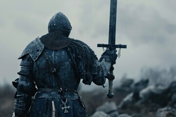 Armored medieval knight raises his sword amid a desolate battlefield, evoking bravery and solemn victory under a somber, overcast sky. Ideal for historical or fantasy-themed visuals