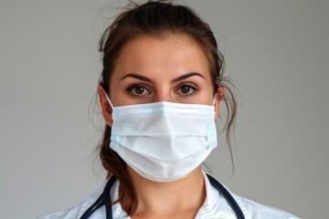 Portrait of a dedicated female doctor in a surgical mask and white coat, showcasing the commitment of healthcare professionals during difficult circumstances