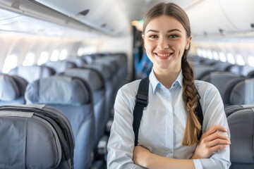 Friendly female flight attendant welcomes passengers with a warm smile in the airplane cabin, with seating in the background