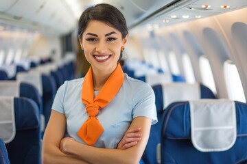 Professional flight attendant demonstrates exceptional in-flight service and hospitality in empty aircraft cabin with blue seats