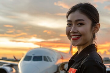 Confident flight attendant exudes professional hospitality on the runway with a commercial airplane and vibrant sunset sky in the background