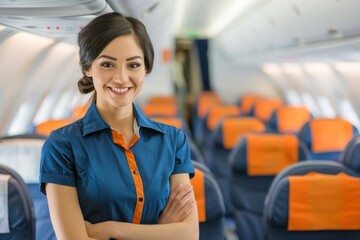 Friendly flight attendant ready to assist passengers during their journey stands in the aircraft aisle with a warm smile