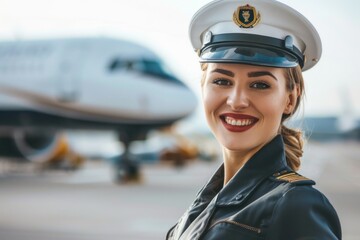 Confident female flight attendant stands proudly in her uniform, welcoming smile, with a blurred airplane and runway in the background