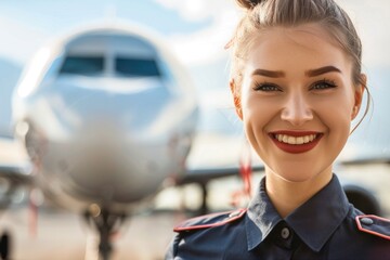 Professional flight attendant stands smiling in front of an airplane, portraying excellent customer service and readiness for a pleasant flying experience with her airline