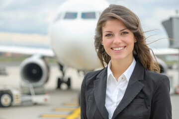 Confident flight attendant smiling in front of an airplane, embodying the friendly and professional image of airline services and passenger comfort on the airport tarmac