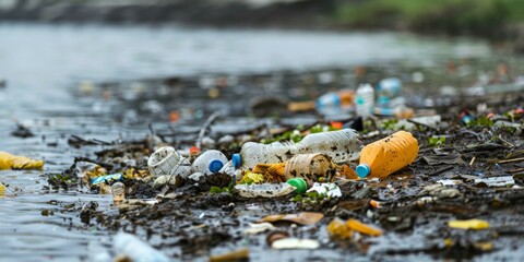 Vivid reminder of environmental neglect: colorful plastic waste littering river bank, highlighting urgent need for pollution control and recycling initiatives.