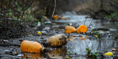 Vivid reminder of environmental neglect, contaminated stream with discarded plastic bottles amidst natural setting, highlighting urgent need for pollution awareness and action.
