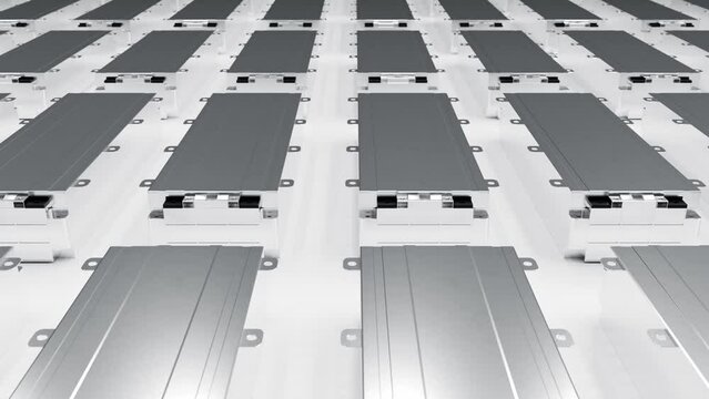 Electric vehicle lithium ion rechargeable battery module inside metal enclosure packed for car, new solid li-ion cell pack manufacturing for transportation energy storage industry 3D rendering